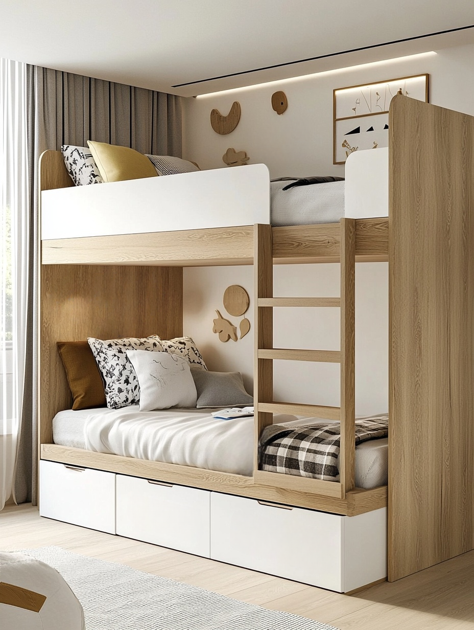 Cama litera madera infantil blanca/natural melamina dormitorio infantil 245.5x150x110 cm