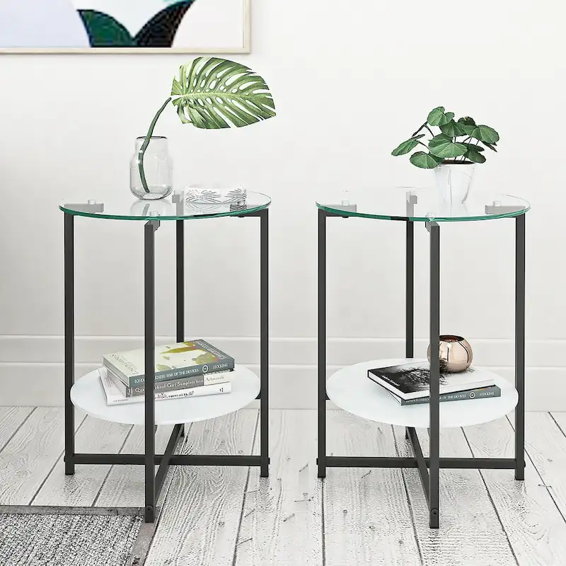 Black 2-Piece Tempered Glass End Table Set - Round Coffee Table for Bedroom, Living Room, and Office
