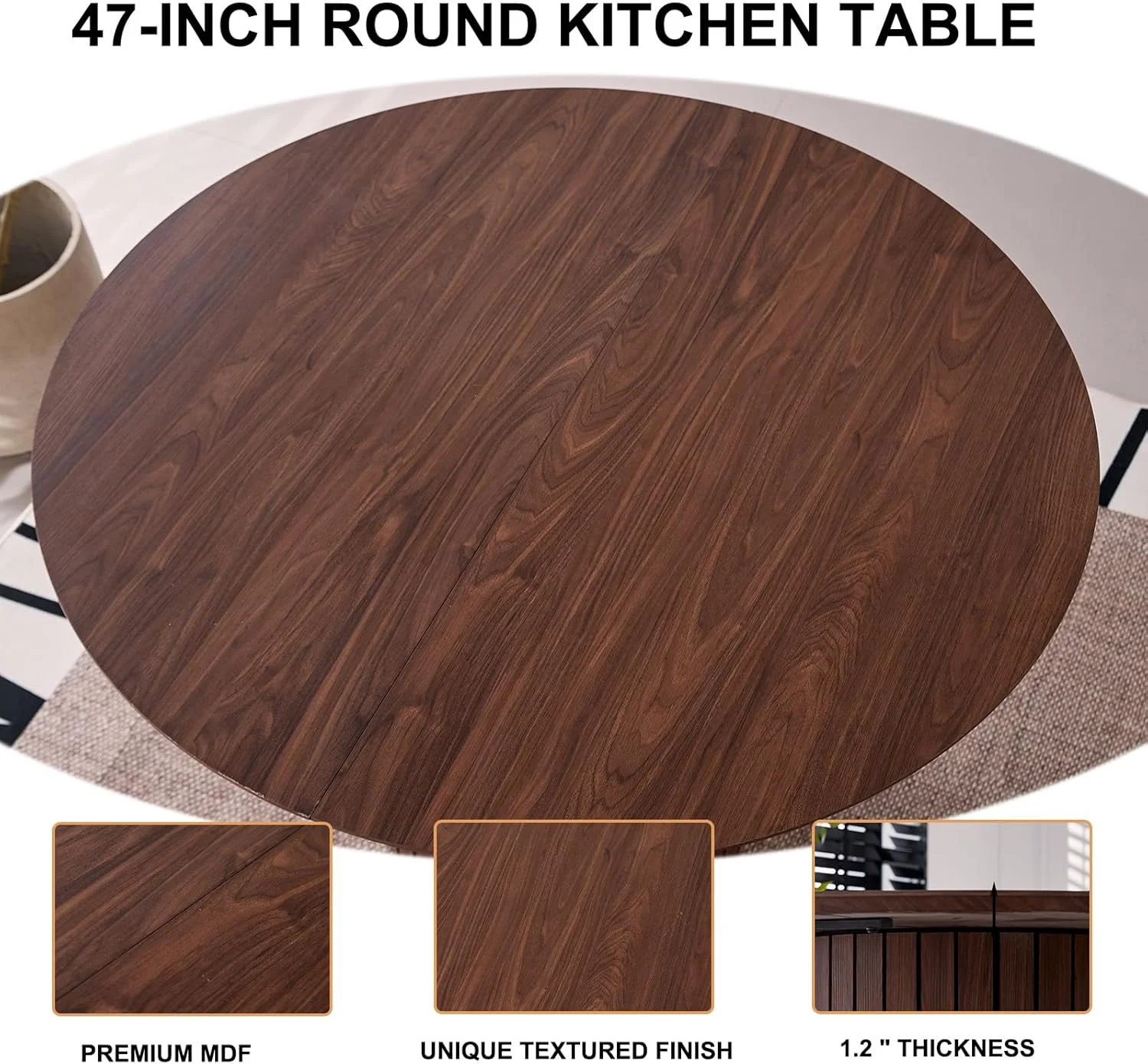 5 Piece Round Dining Table Set - Mid-Century 47 inch Oak Dining Table with 4 Brown Faux Leather Chairs Set, Dinner Table & Chair with Metal Legs for Kitchen Dining Room, Apartment, Bedroom - Image 16