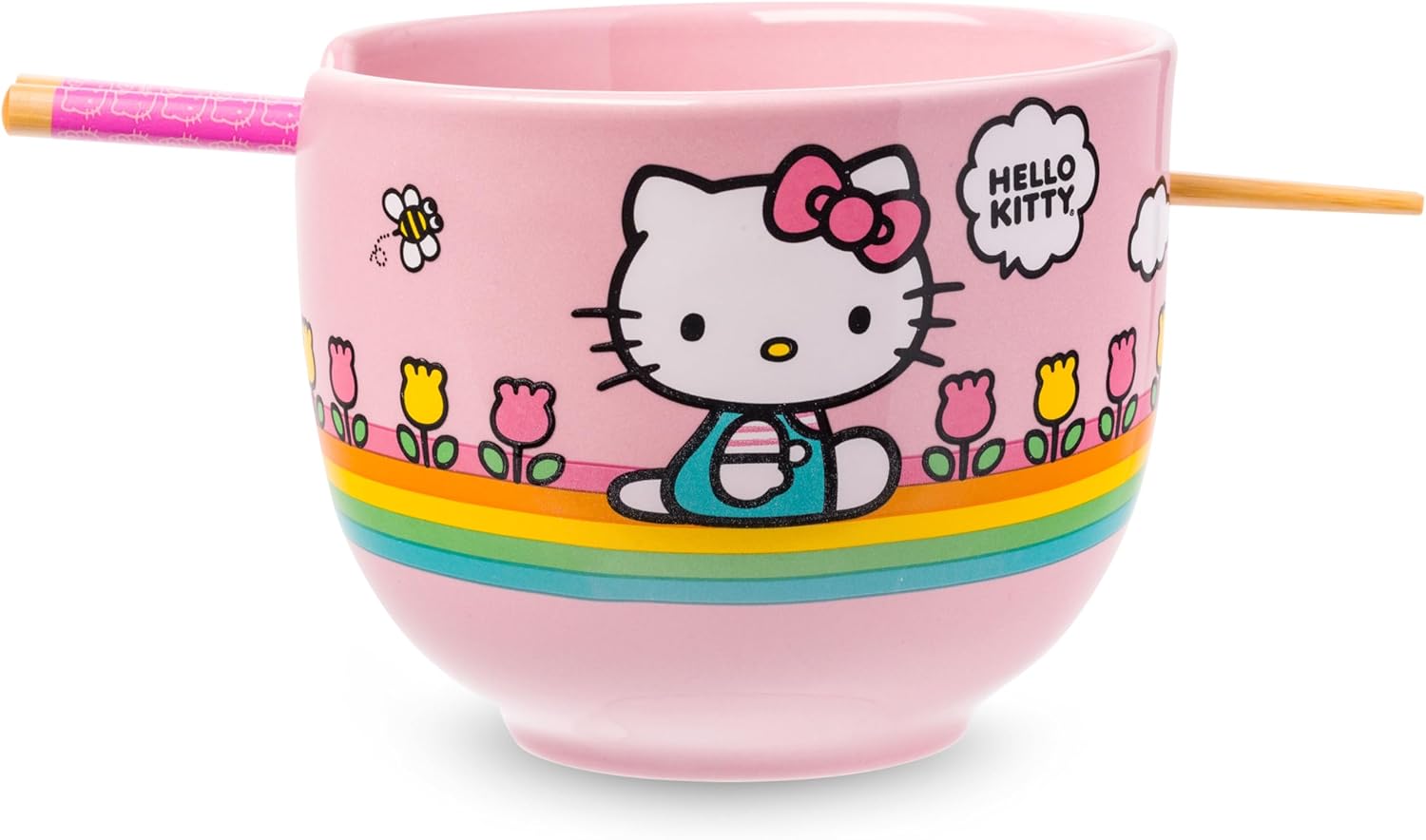 Silver Buffalo Sanrio Hello Kitty Face with Different Color Bows Pattern Ceramic Ramen Noodle Rice Bowl with Chopsticks, Microwave Safe, 20 Ounces