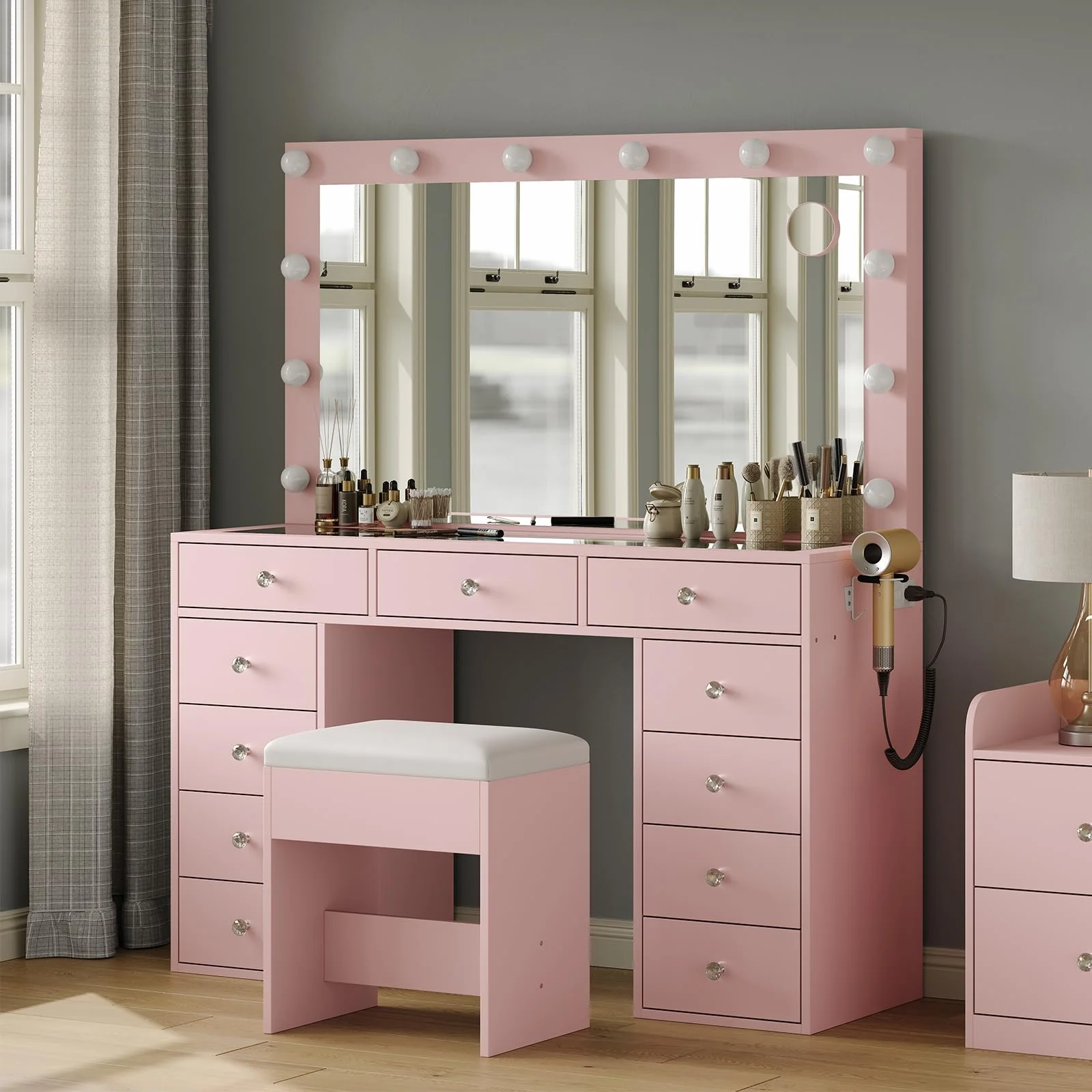 White Vanity Desk with Illuminated Mirror & Power Outlet, 11 Drawers Vanity Table with Chair, Makeup Vanity with 12 LED Lights, Tempered Glass Top, Dressing Table for Bedroom,Dressing Room - Image 10