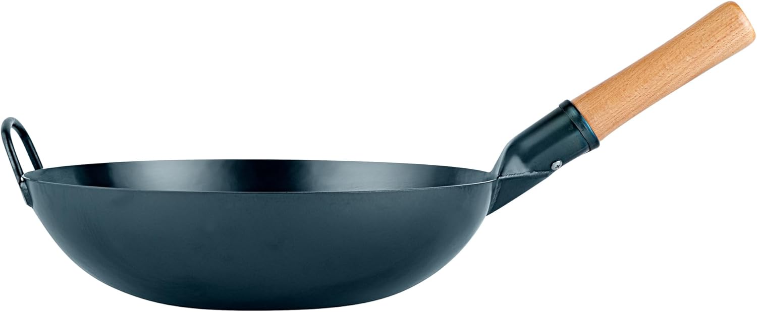 Restaurantware Carbon Steel Wok 1 Pack of 12 Inch Heavy-Duty Stir Fry Pan Blue Hand Hammered Wok Efficient Maneuvering Steel Helper Handle Uniform Heat Distribution Asian Cooking
