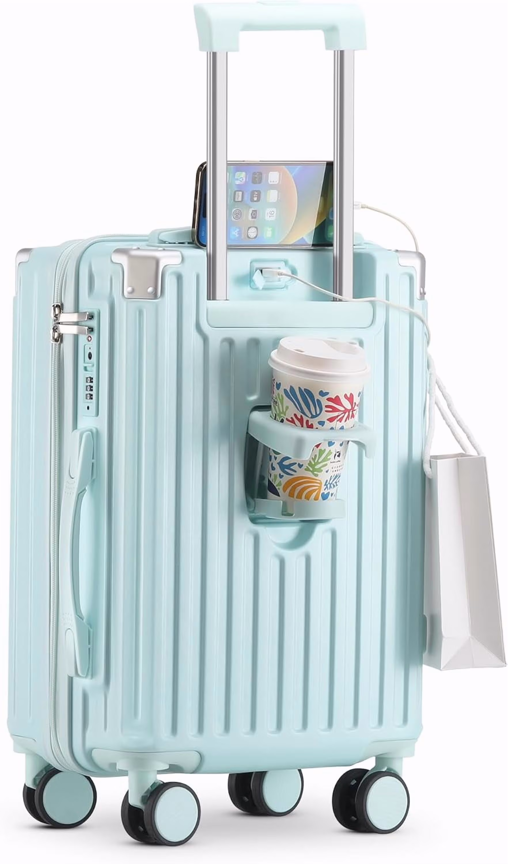 20 Inch Carry On Luggage With Cup Holder & USB Port, Airline Approved TSA-locked Luggage, Lightweight PC Material Travel Suitcase With 360- Spinner Wheel - Image 5