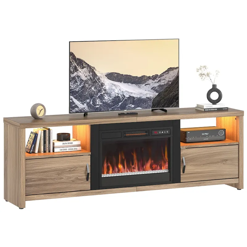 71-Inch TV Stand for 75-Inch TVs with LED Fireplace and Storage Cabinet