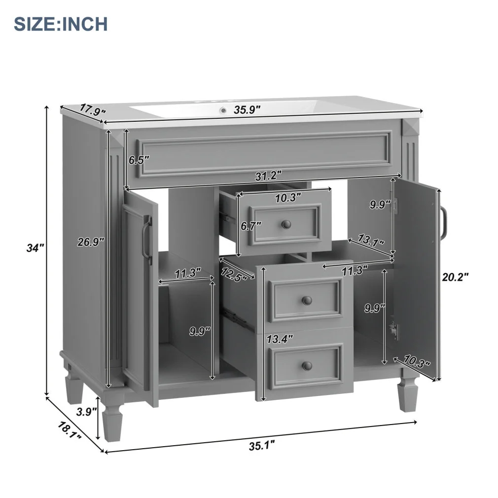 36'' Bathroom Vanity Set With Ceramic Sink Top, Mirror Cabinet, 2 Doors And 2 Drawers - Gray - Image 9 36'' Bathroom Vanity Set With Ceramic Sink Top, Mirror Cabinet, 2 Doors And 2 Drawers - Gray - Image 9