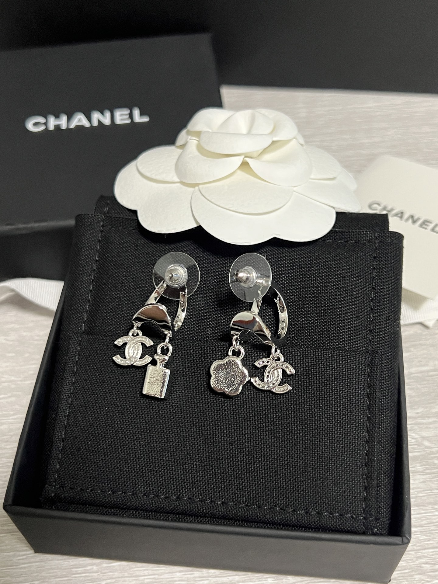 Chanel Asymmetric Silver Earrings with Rhinestone Perfume Bottle Camellia CC Dangle - Original Replica Club