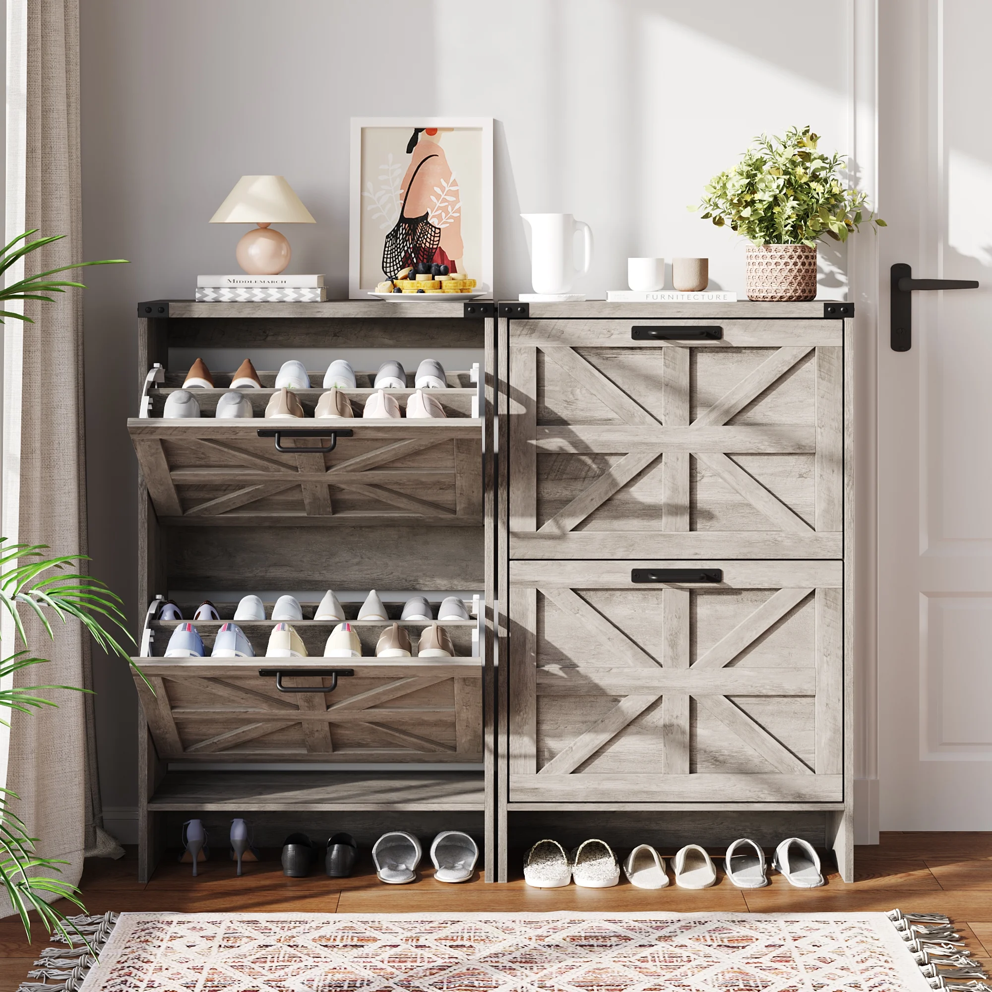 VEANERWOOD Shoes Storage Cabinet With Doors, Farmhouse Shoe Cabinet With 2 Flip Drawers For Entryway,Gray - Image 34