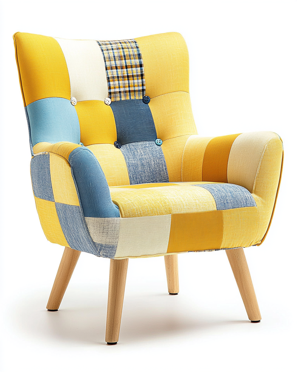 Sillón tapizado patchwork en tonos amarillo y azul con patas de madera