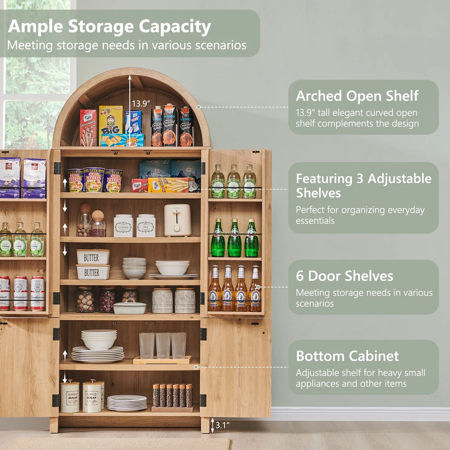 IFGET 71" Tall Arched Kitchen Pantry Storage Cabinet, Large Storage Cabinet with Adjustable Shelves, Pantry Cabinet for Kitchen, Dining Room - Image 4