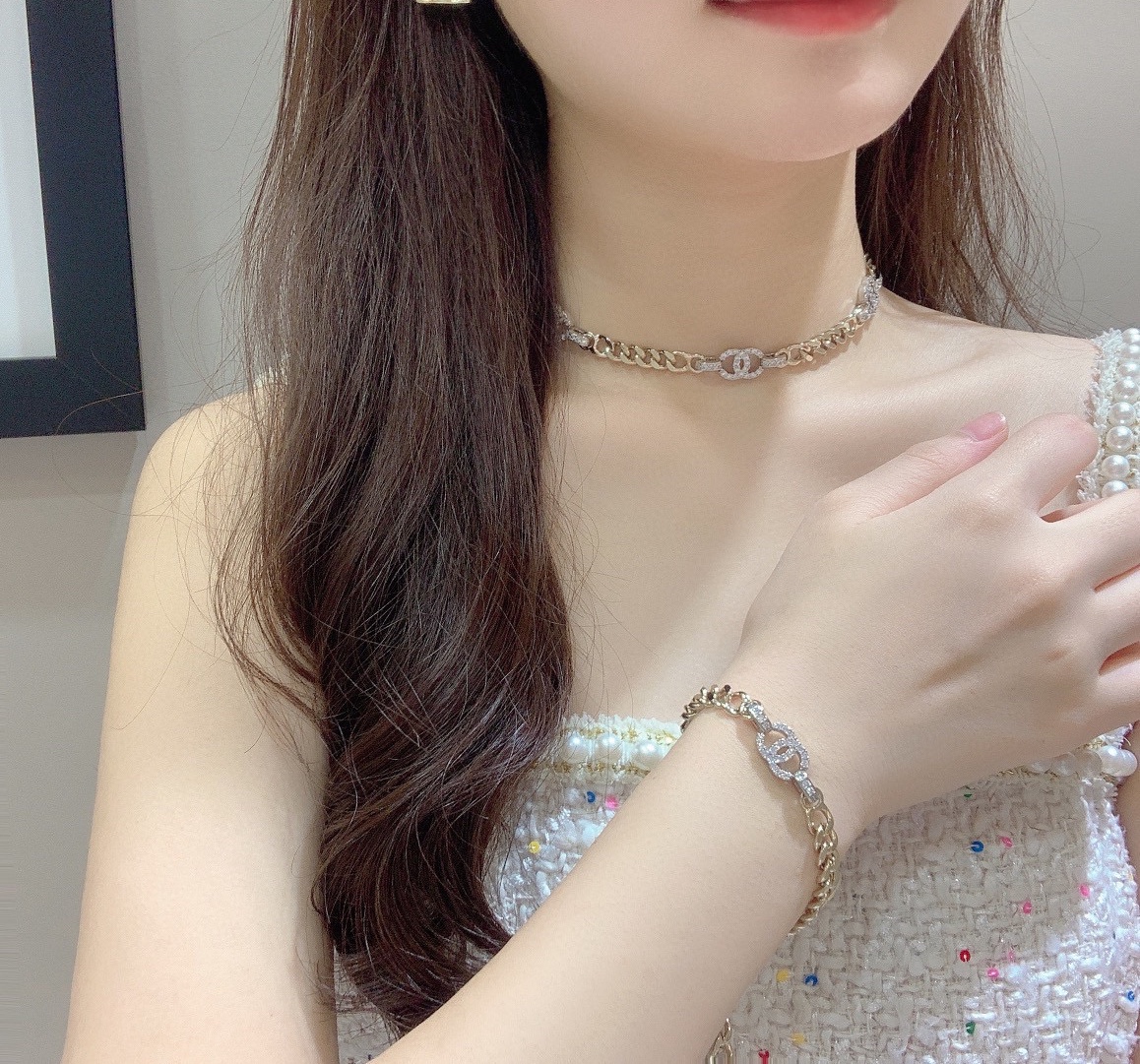 Chanel Mixed Color Cuban Chain Bracelet Earrings Choker Necklace - Original Replica Club