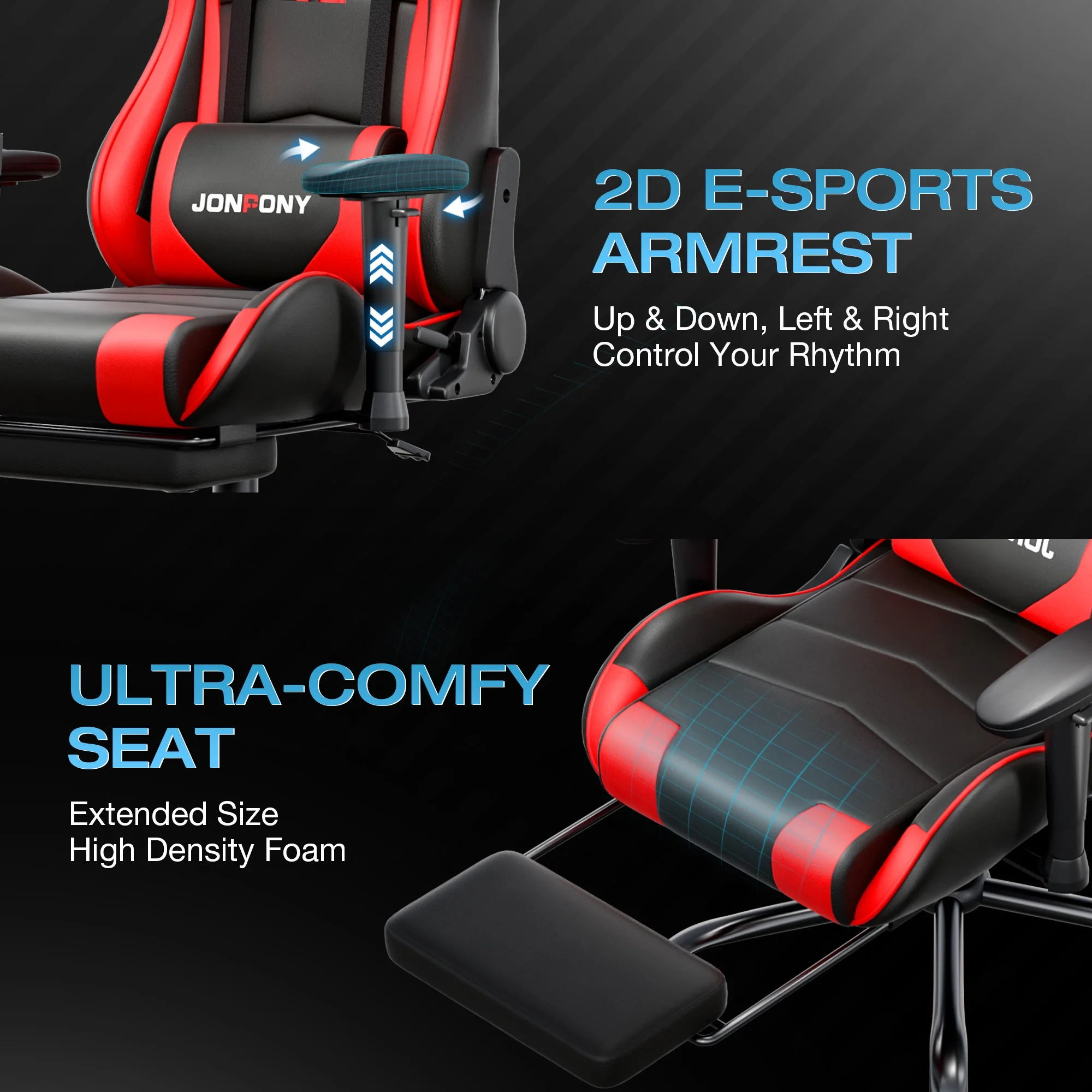 JONPONY Big and Tall 500LBS Gaming Chair, Ergonomic Design, Gamer Chair PU Leather with Footrest and Lumbar Support, High Back Office Chair Support 8 Hours Long Sitting,Red Computer Chair,Red - Image 14