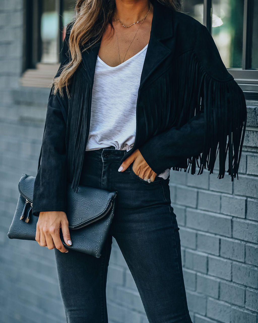 Walford Cropped Fringe Faux Suede Jacket - Black - Se7enfashion