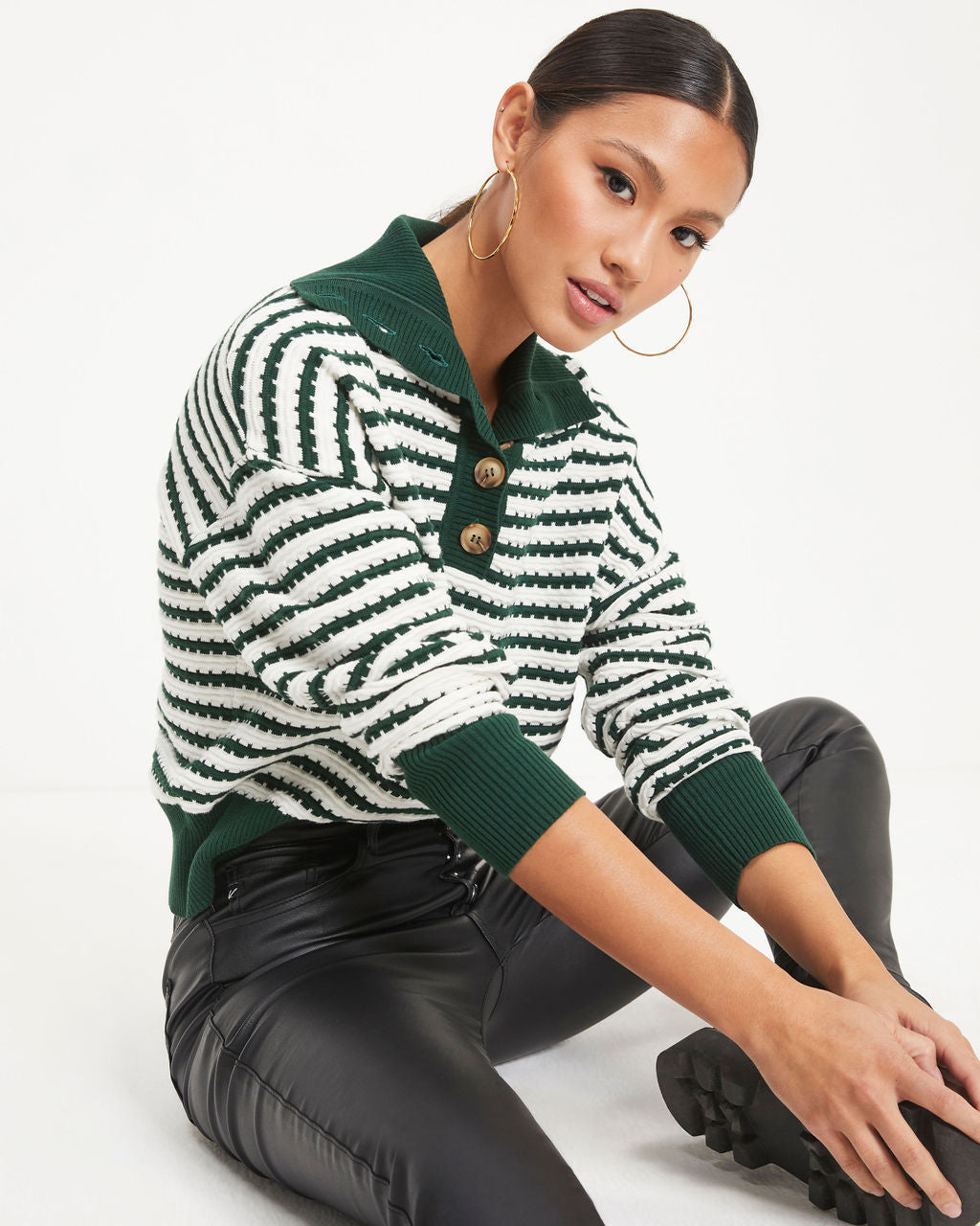 Elk Grove Knit Stripe Henley Pullover Sweater - Green - Se7enfashion