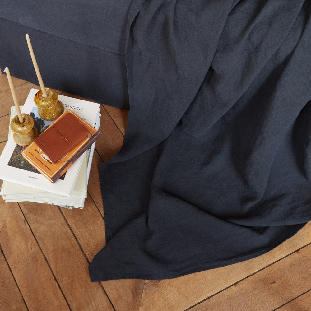 Drap plat en lin lavé - Bleu Encre