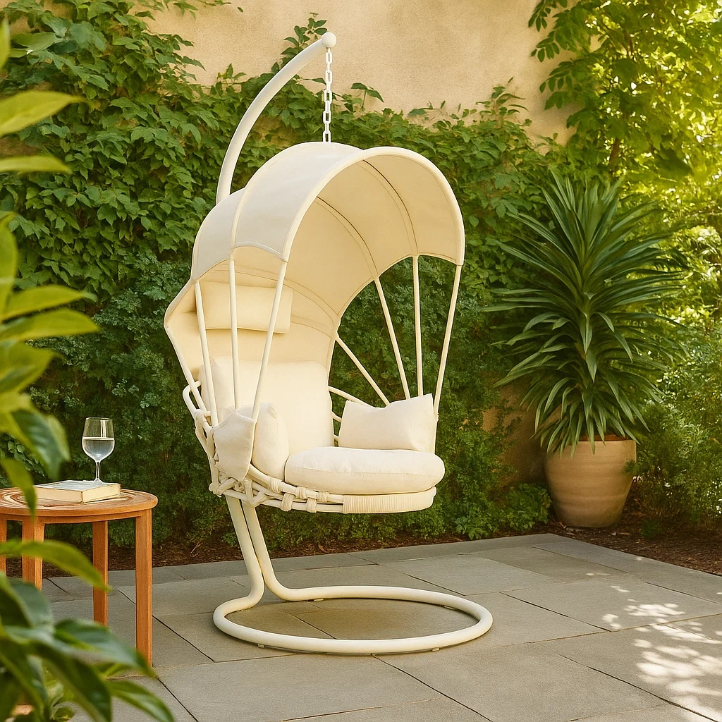 Sillón colgante de 1 plaza con estructura de metal blanco y capota curva - VlfdLjo255Ox