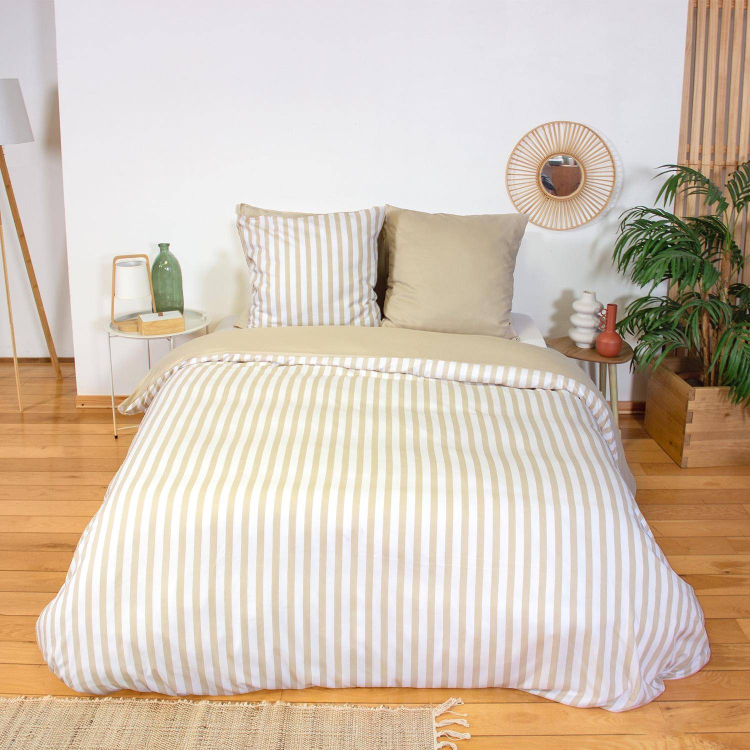 Néo - Ropa de cama de microfibra reversible con rayas beige, 2 plazas
