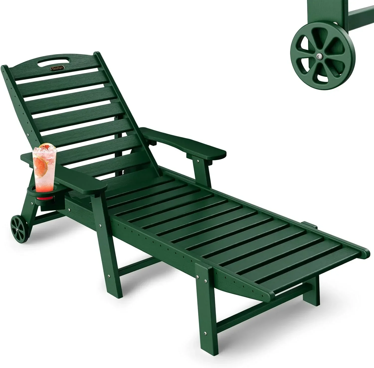 Lounge Chair Outdoor, Chaise Lounge, HDPE 6-Position Outdoor Chaise Lounge, Patio Lounge Chair with Wheels & Cup Holder for Pool Poolside Deck Backyard, Teak