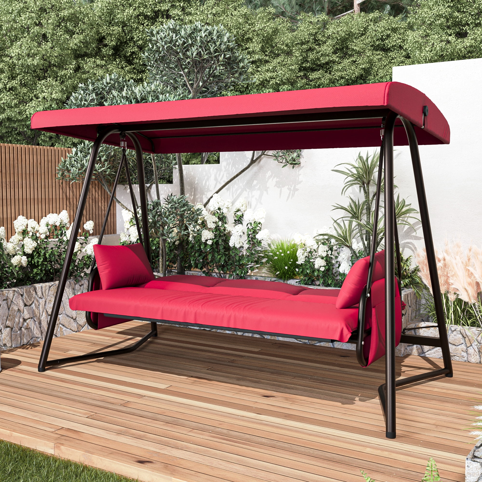 CHINNLUU Oversized 4 Person Porch Swing with Stand 800 LBS Capacity Adjustable Canopy Backrest Includes Cushions Pillows Patio 2 in 1 Swing Bed for Backyard Garden Poolside, Champagne - Image 16