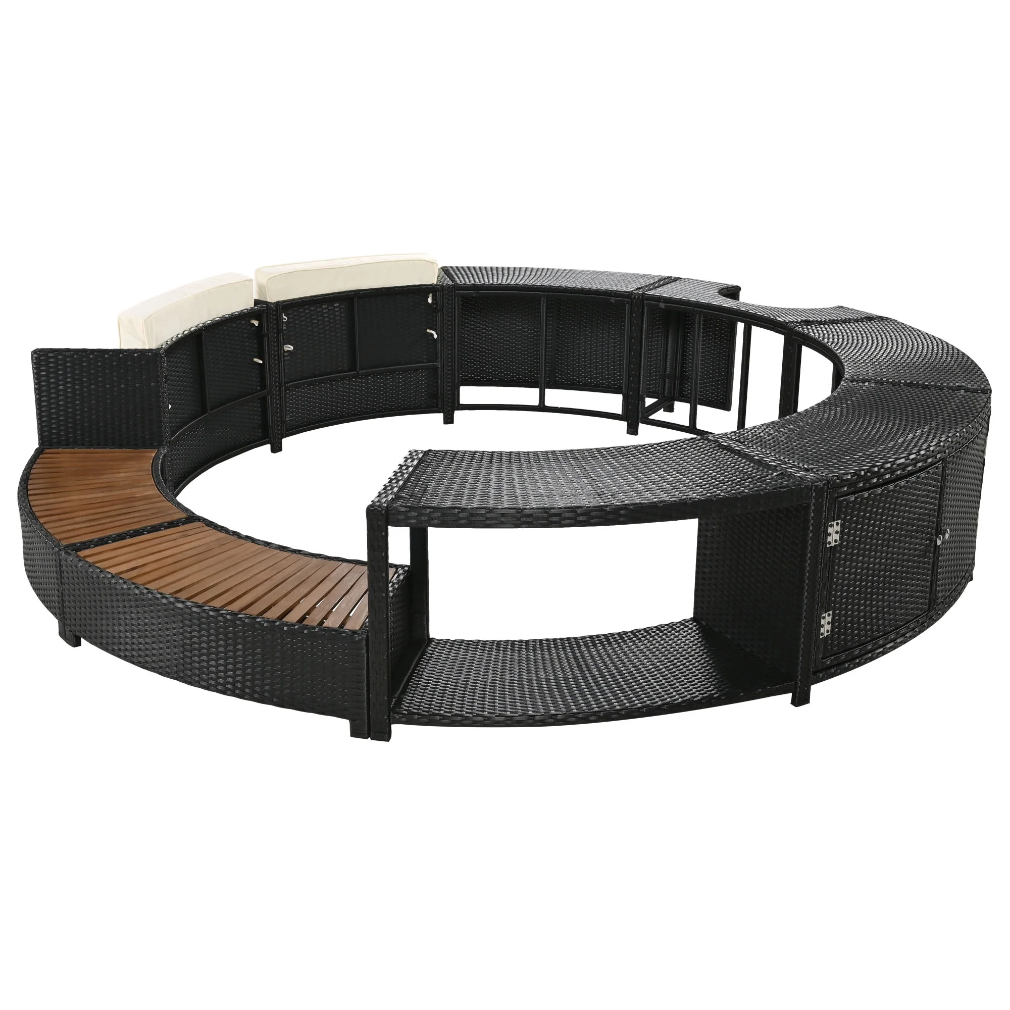 Round Hot Tub Surround Furniture, Spa Surround Outdoor Rattan Sectional Sofa Set with Mini Sofa, Solid Acacia Wood Hot Tub Storage Surround Patio Furniture Set, Gray Cushion - Image 26