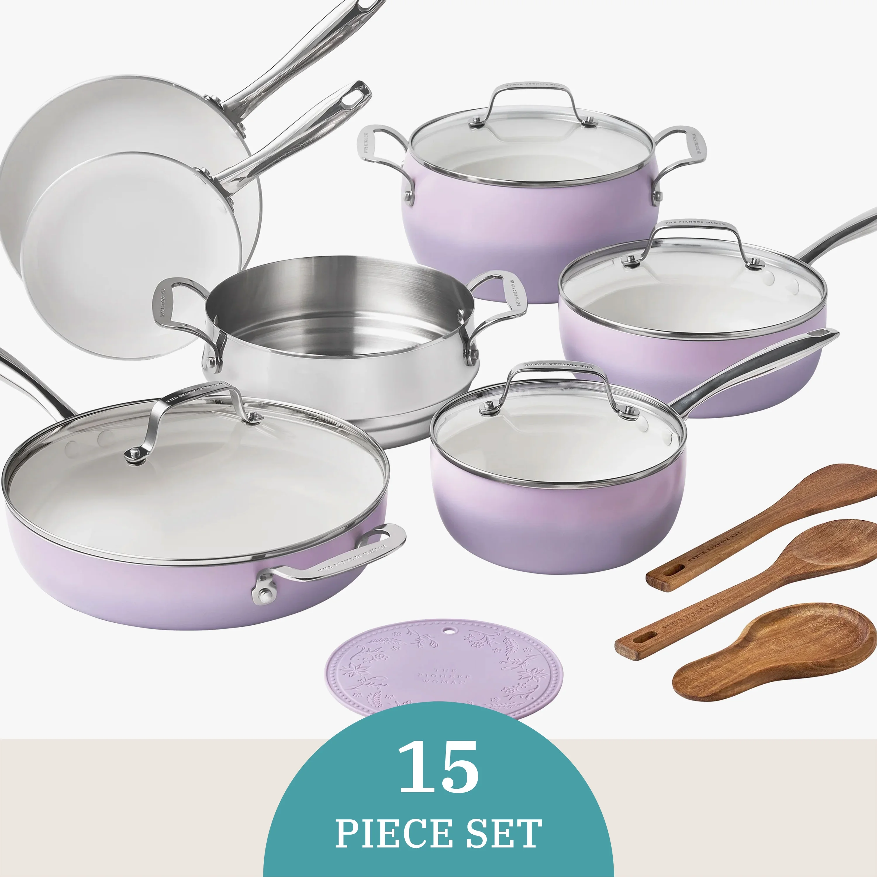 The Pioneer Woman Harlow 15-Piece Cookware Set, Ceramic Non-Stick Pots and Pans Set, Taupe - Image 56