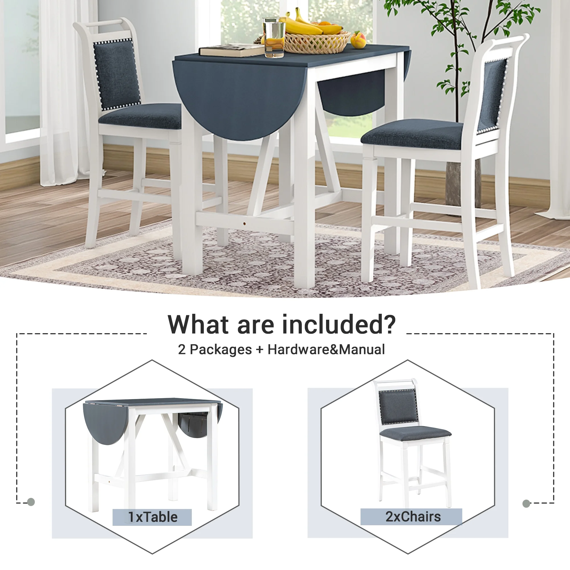 Harper & Bright Designs 3 Piece Wood Folding Dining Table Set Drop Leaf Table with 2 Padded Counter Height Dining Chairs for Small Place, Brown - Image 20