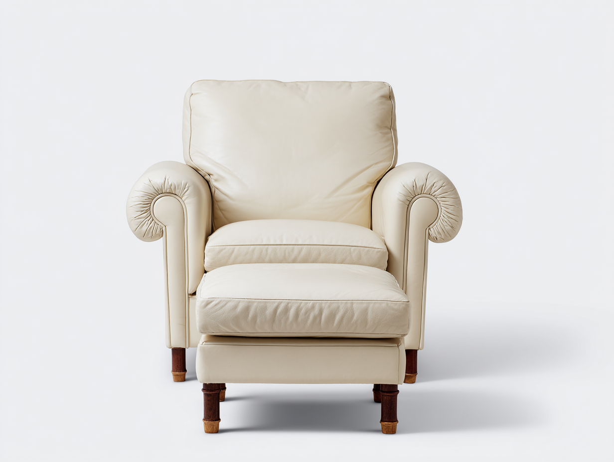 Sillón individual de cuero crema con reposapiés 90×95×85 cm – patas de madera tallada – estilo clásico