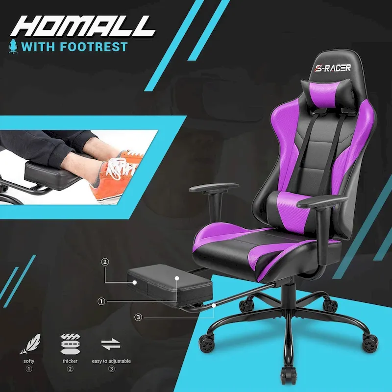 Ergonomic Gaming Chair with Footrest - Ideal for Desk Use