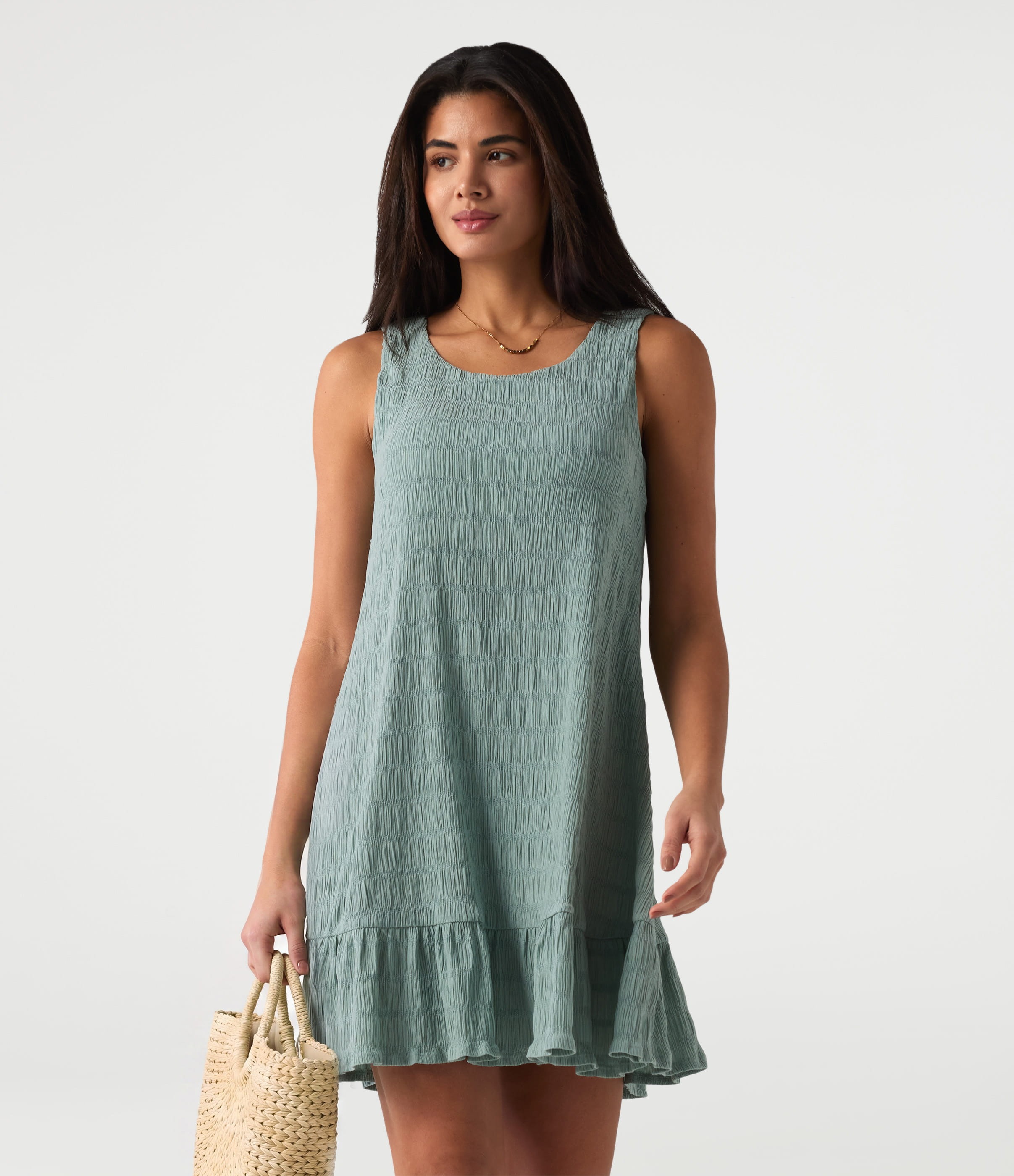 Round Neck Built-in Bra Sleeveless Ruffle Hem Mini Casual Dress