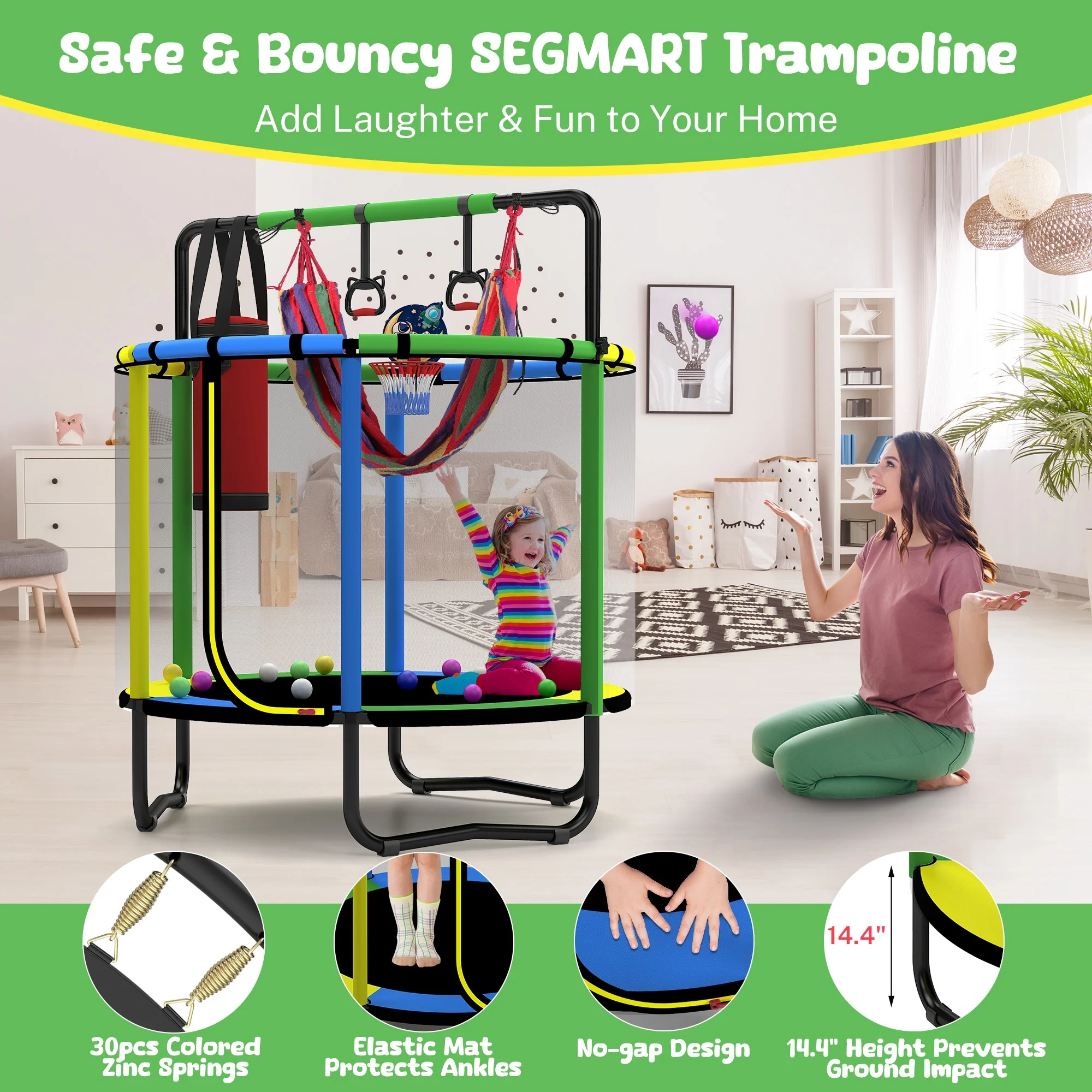 Mini Round Trampoline for Kids with Basketball Hoop, SEGMART 55'' Indoor Outdoor Toddler Trampoline with Enclosure Net, Swing, Sandbag, Ring, Ocean Balls, Small Trampoline Gift for Boys Girls, Blue - Image 27