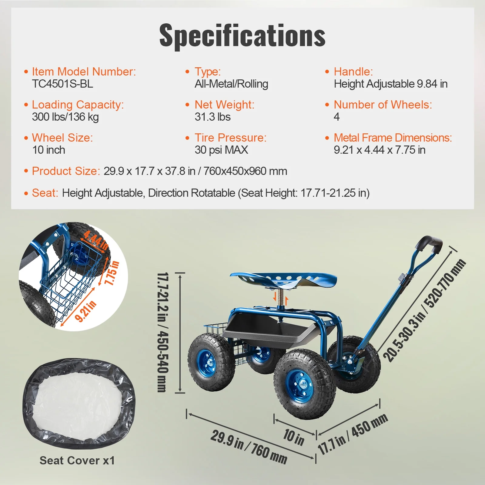 KFFKFF Outdoor Cart with Rotating Seat, Planting Stool on Wheels, Garden Trolley with Directional Handle and Handy Tool Tray, Ideal for Lawn, Patio, and Outside Areas, Blue - Image 6