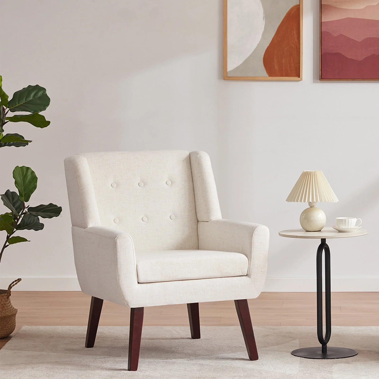 HUIMO Accent Chair, Button-Tufted Upholstered Living Room Chairs, Mid Century Modern Comfy Reading Chairs for Bedroom, Living Room, Beige - Image 3