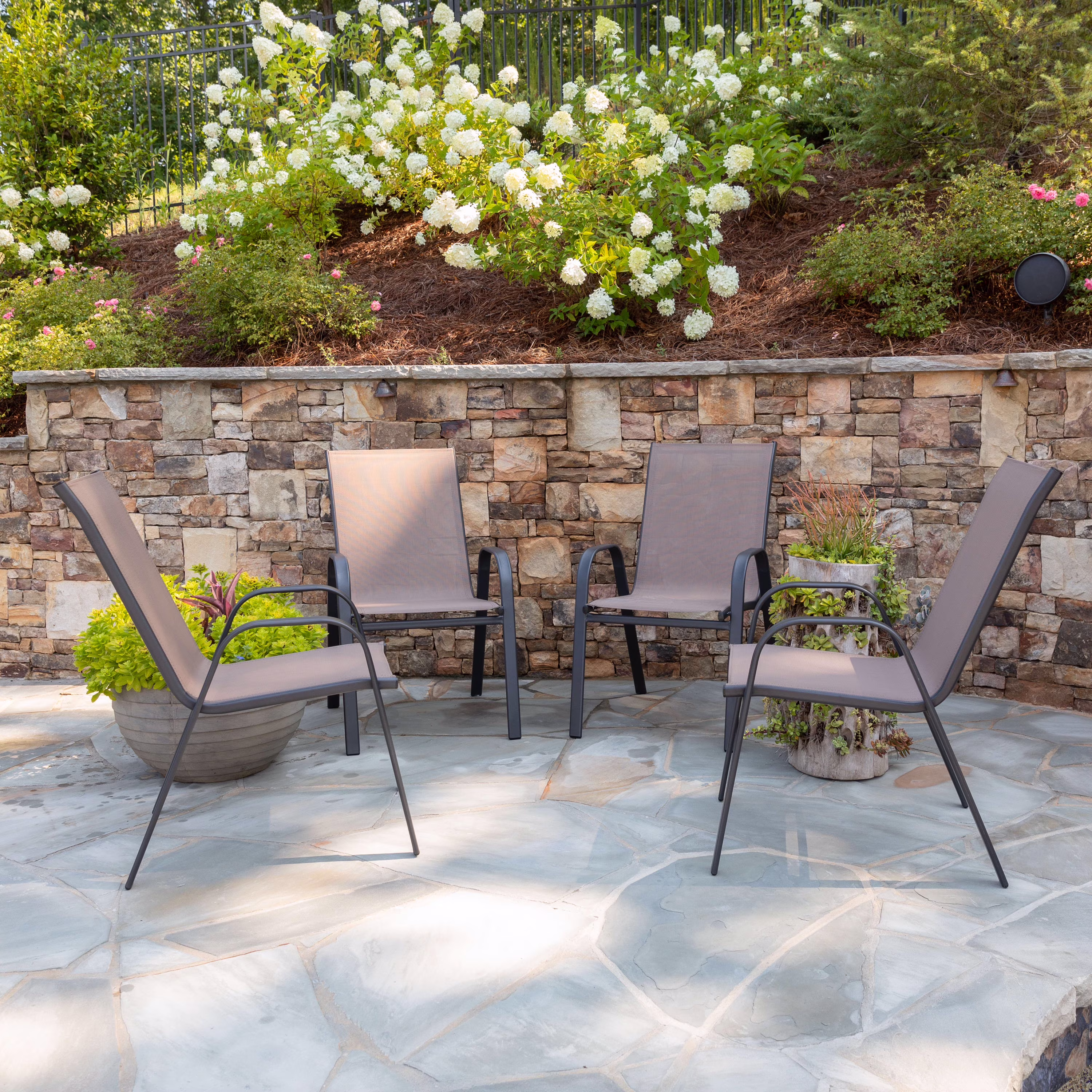 Emma + Oliver 4 Pack Gray Outdoor Stack Chair with Flex Comfort Material - Patio Stack Chair
