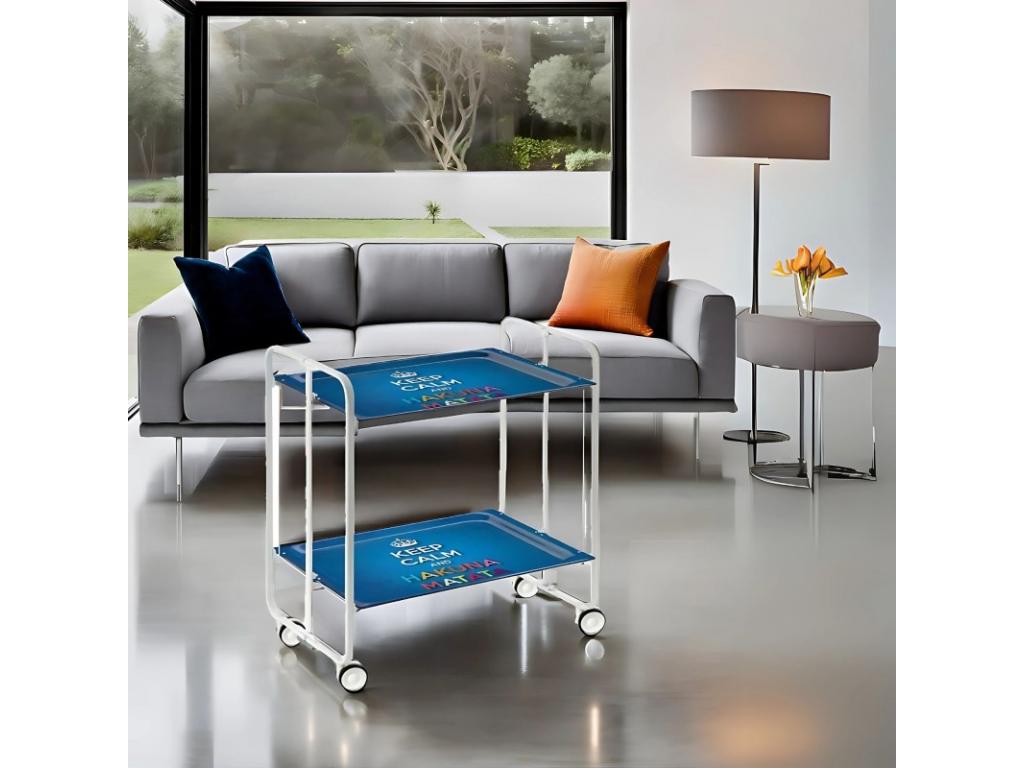 Carrito auxiliar plegable con ruedas - Estructura metálica blanca, 2 estantes laminados Decorado Keep Calm – 72*66*43 cm - BAUHAUS
