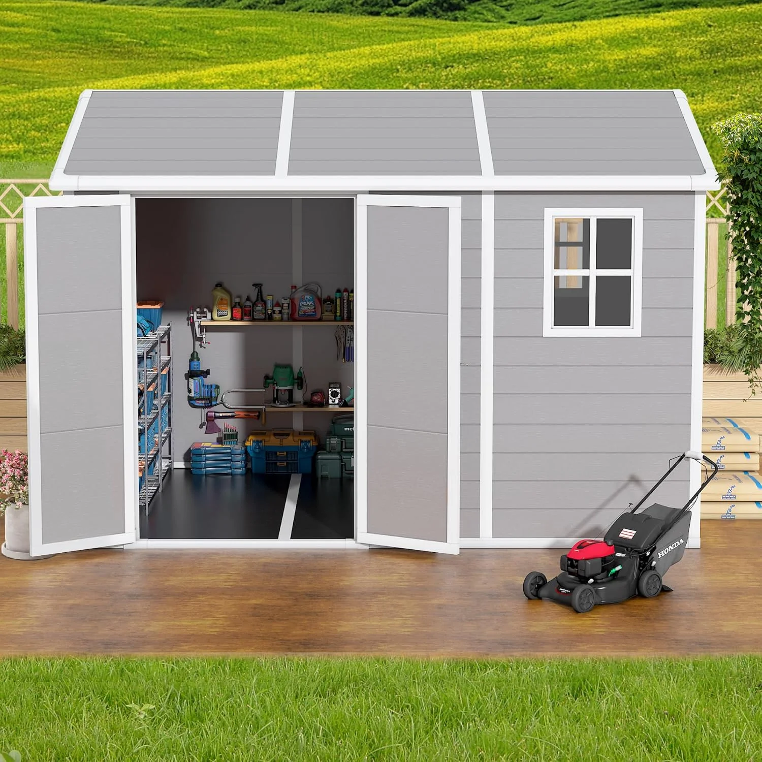 9 x 5.8 FT Outdoor Storage Shed, Linor Resin Shed with Floor, Window, and Vents, Weather-Resistant Garden Shed for Garden Tool Outside Sheds, Bike Shed, Backyard Shed - Image 15