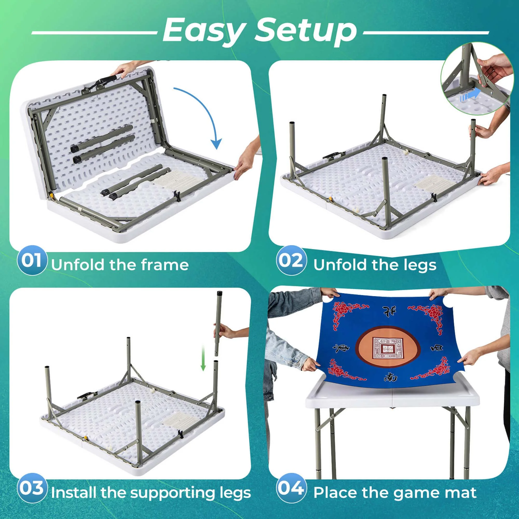 Costway 35" Folding Mahjong Table with Cup Holders & Smooth Felt Mat Carrying Handle Green - Image 27