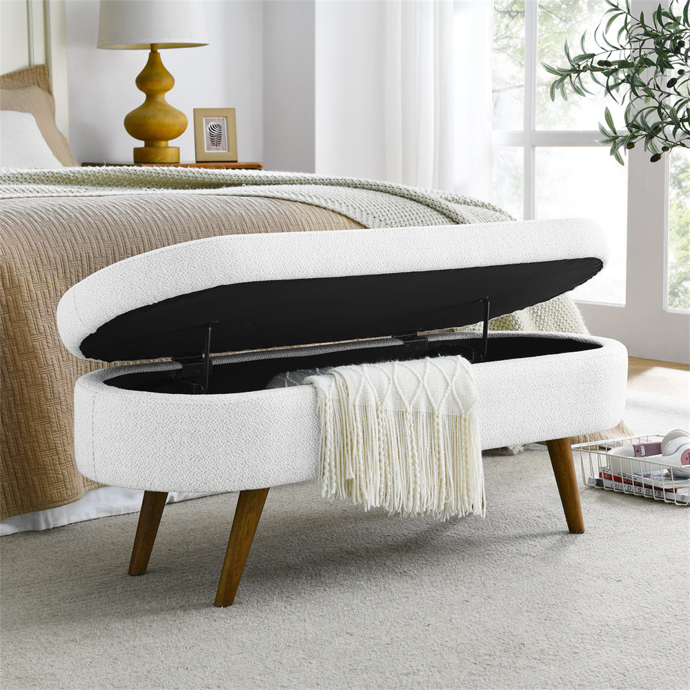 43.5" Oval Storage Ottoman Bench with Solid Wood Legs, Linen Fabric Upholstered Entryway Bench with Safety Hinge, Indoor Bench for End of Bed, Sofa Side, Entryway - Image 10