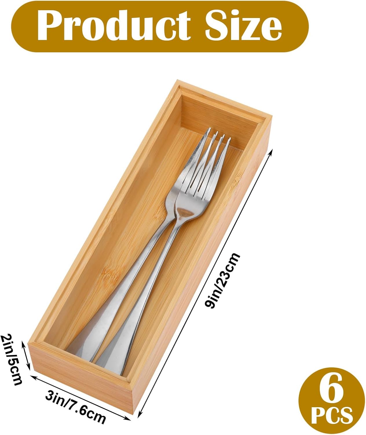 6 Pieces Bamboo Drawer Organizer, Stackable Wooden Storage Boxes for Kitchen Utensils, Silverware Tray, Junk Drawer, Dresser, Bathroom, 9 x 3 x 2 Inch