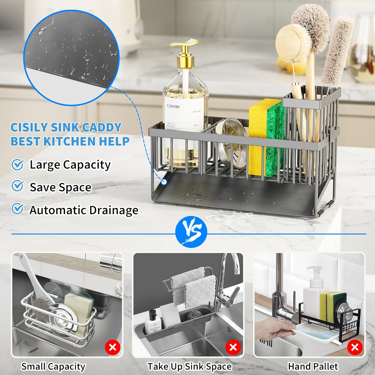 Cisily Sink Caddy Organzier with High Brush Holder, Sponge Holder for Sink, 304 Rustproof Stainless, Kitchen Countertop Soap Dispenser Organizer, Dark Gray Kitchen Decor and Accessories