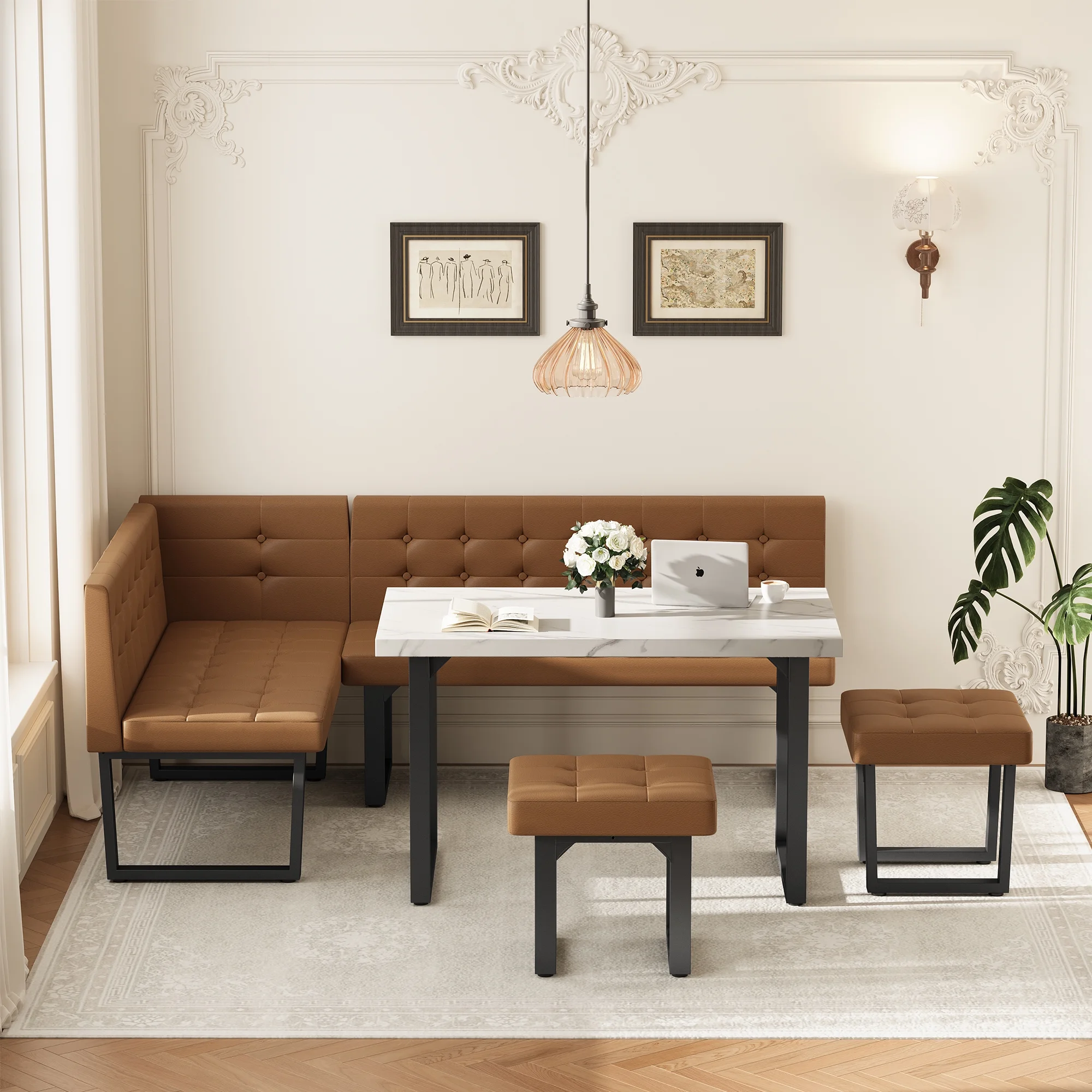 Brafab 5 Piece Corner Dining Breakfast Nook with Table and Bench Modern Kitchen Table Set with Gray Upholstered Banquette Seating - Image 14