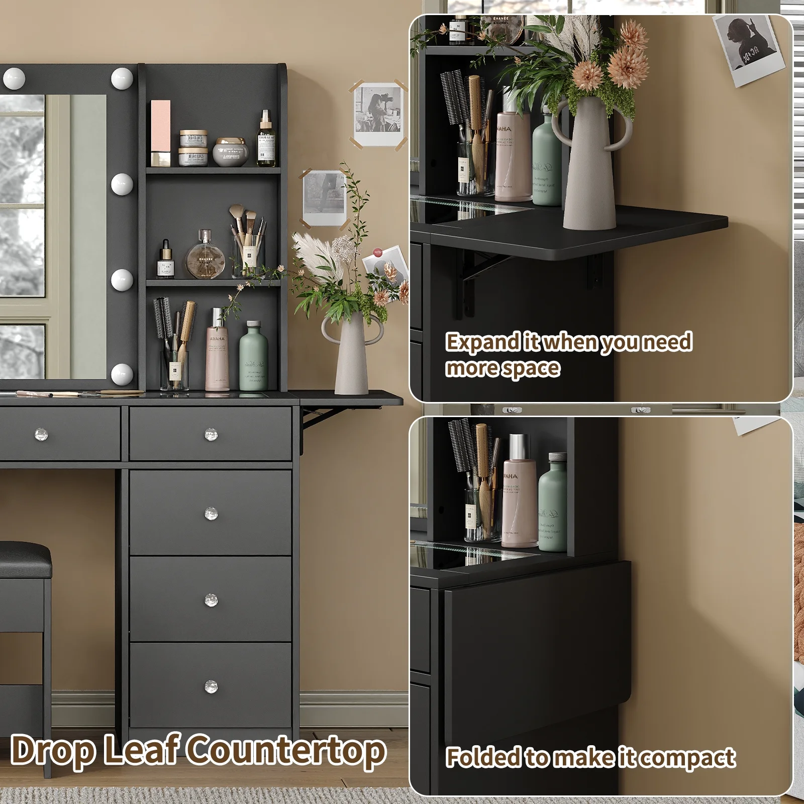 Yanosaku Vanity With Power Outlet, Vanity Desk With Mirror And 10 LED Lights, 10 Drawers Makeup Vanity With 6 Shelves, Fold-Up Panel, Vanity Table With Chair For Bedroom - Image 3