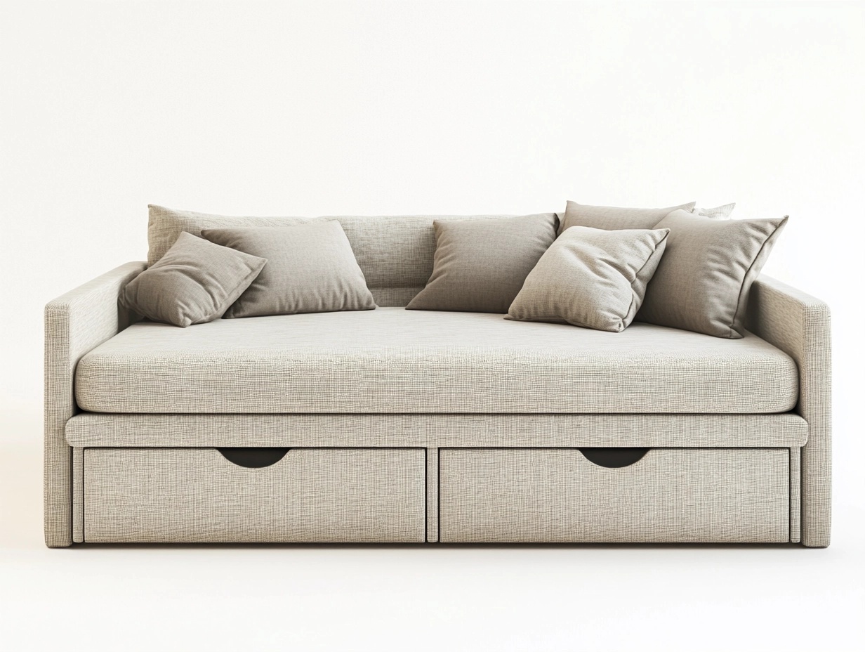 Sofá cama con cajones tapizado en tela beige 200x90cm ideal para sala multifuncional moderno pj8285300