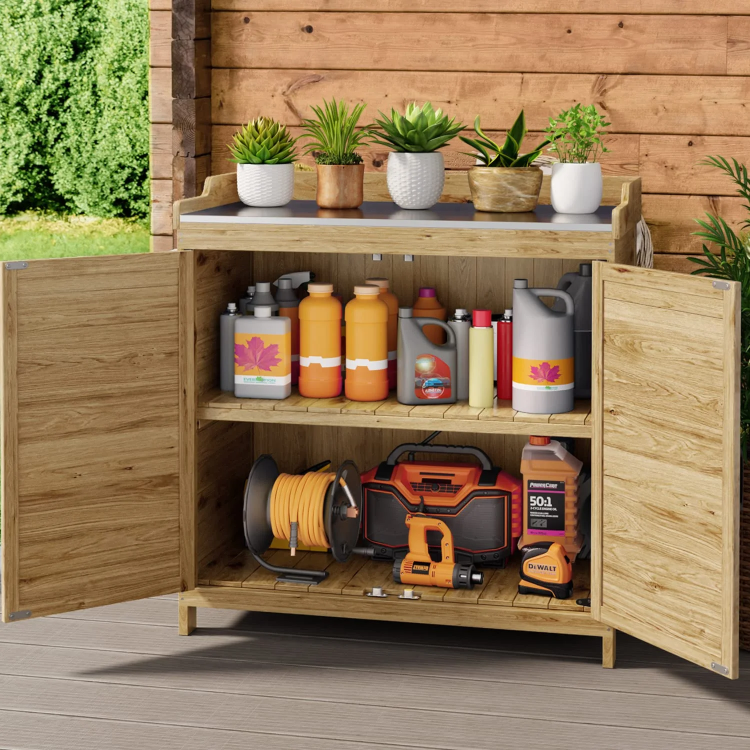 Lofka Outdoor Storage Cabinet, Outdoor Potting Bench Table with Removable Shelves for Yard, Garden, Waterproof Wood - Image 4