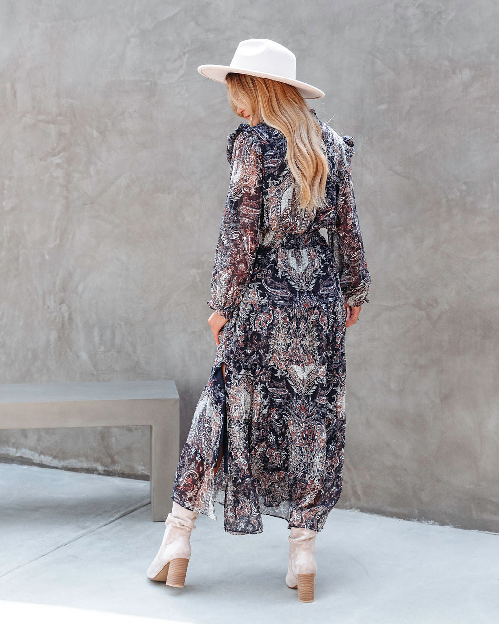 Indigo Printed Ruffle Smocked Maxi Dress - Se7enfashion