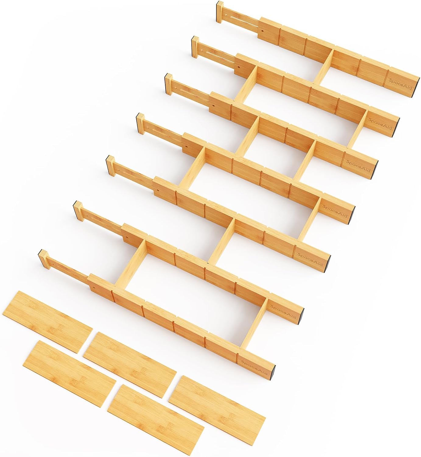 SpaceAid Bamboo Drawer Dividers with Inserts and Labels, Kitchen Adjustable Drawer Organizers, Expandable Organization for Home, Office, Dressers, 4 Dividers with 9 Inserts (17