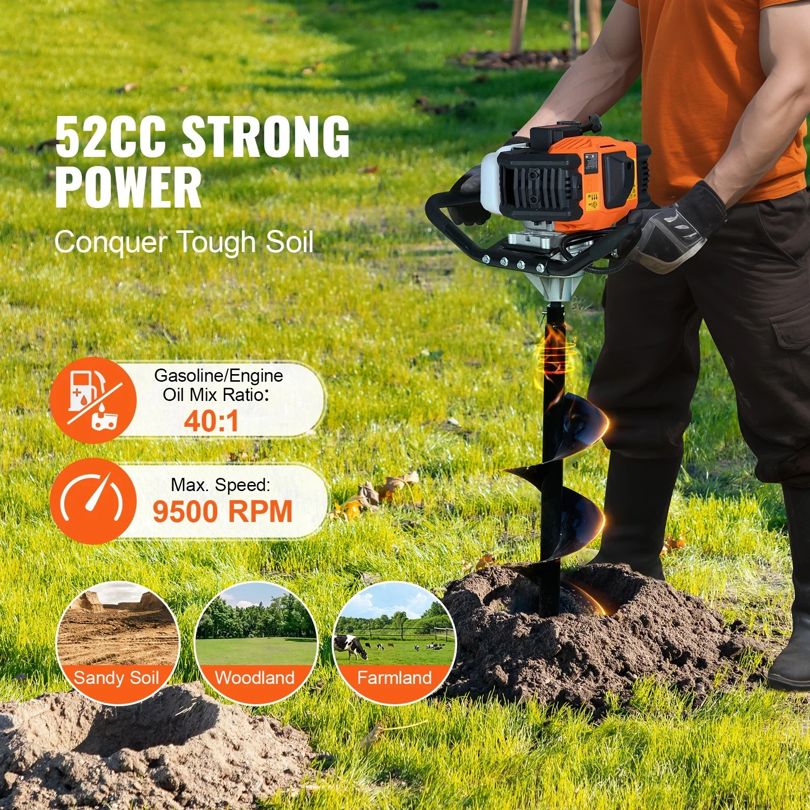 KFFKFF Gas Earth Auger, 52CC 1450W, includes 8�� Drill Bit & Extension Rod, Ideal for Garden, Farmland Fence Installation, Orange & Black