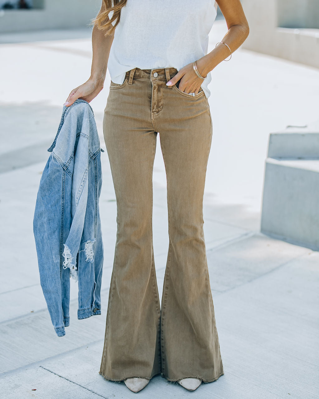 Autumn High Rise Bell Bottom Denim - Mocha - Se7enfashion