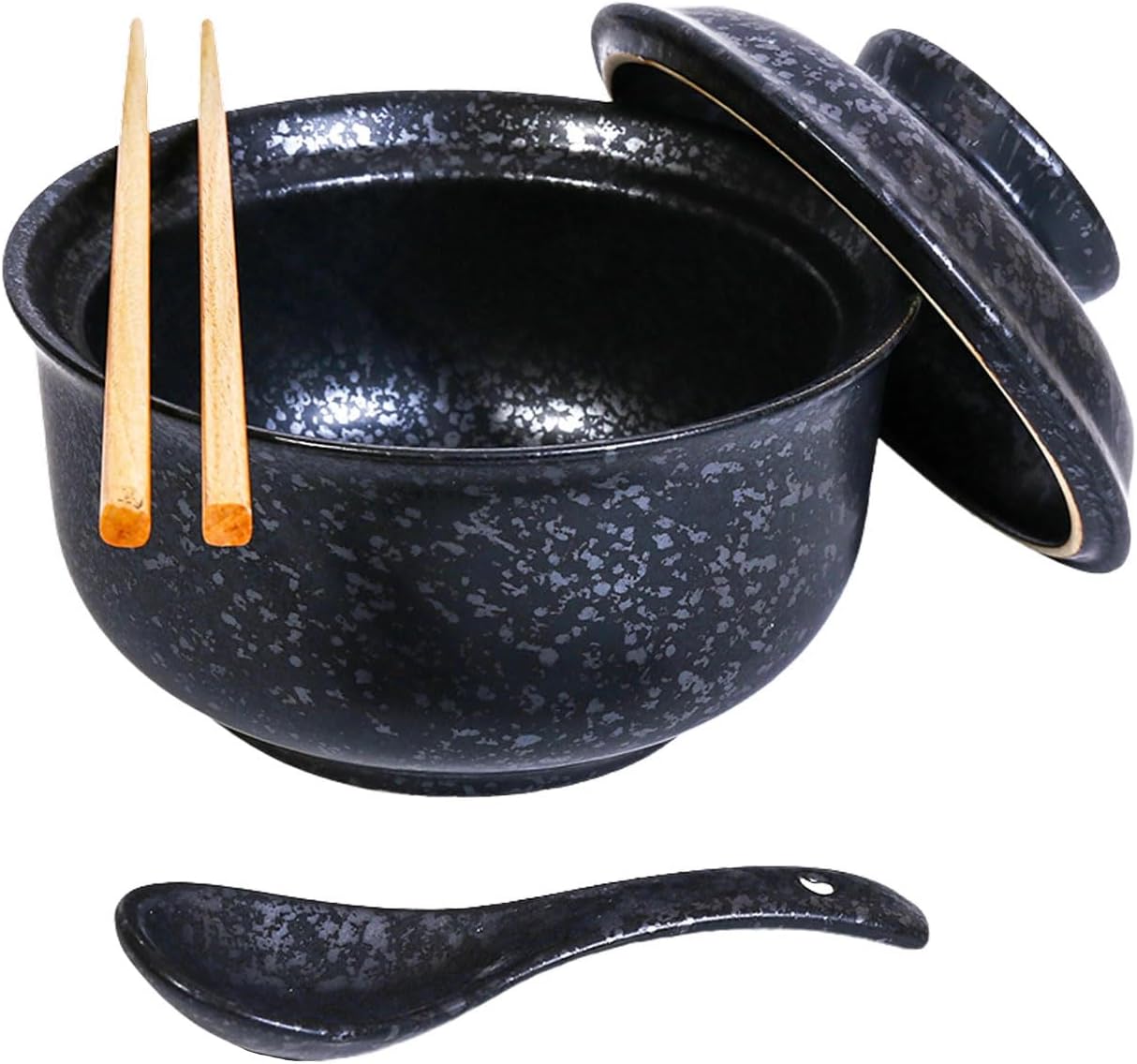 Ceramic Ramen Bowl Set, 800ml, with Lid, Spoon and Chopsticks, Japanese Vintage Large Soup Bowls Instant Noodle Bowl Asian Tableware (Fish*1)