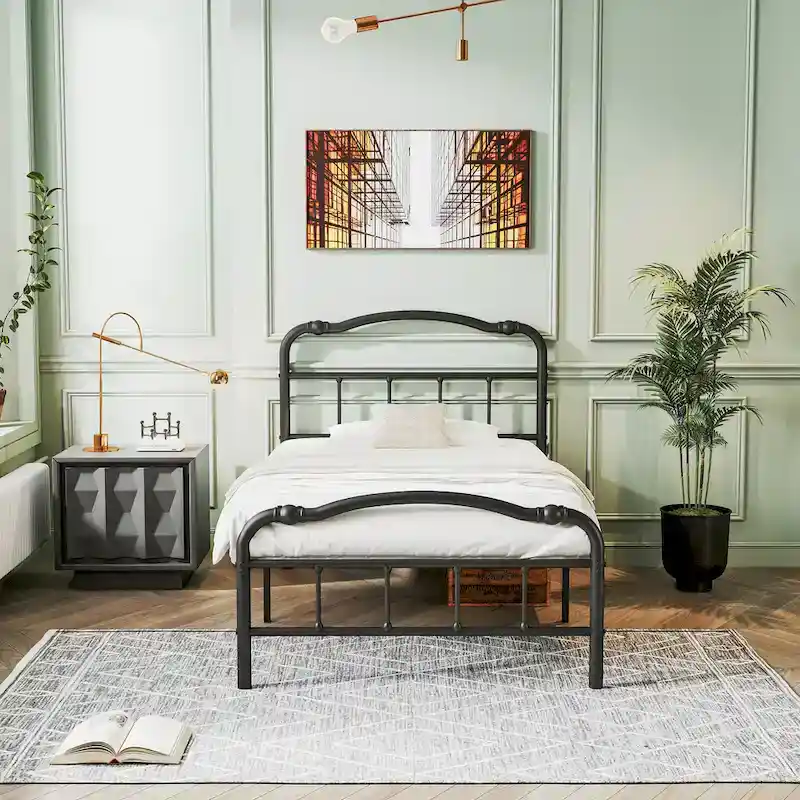 Sturdy 18-Inch High Steel Tube Iron Bed with Double Wave Headboard and Footboard