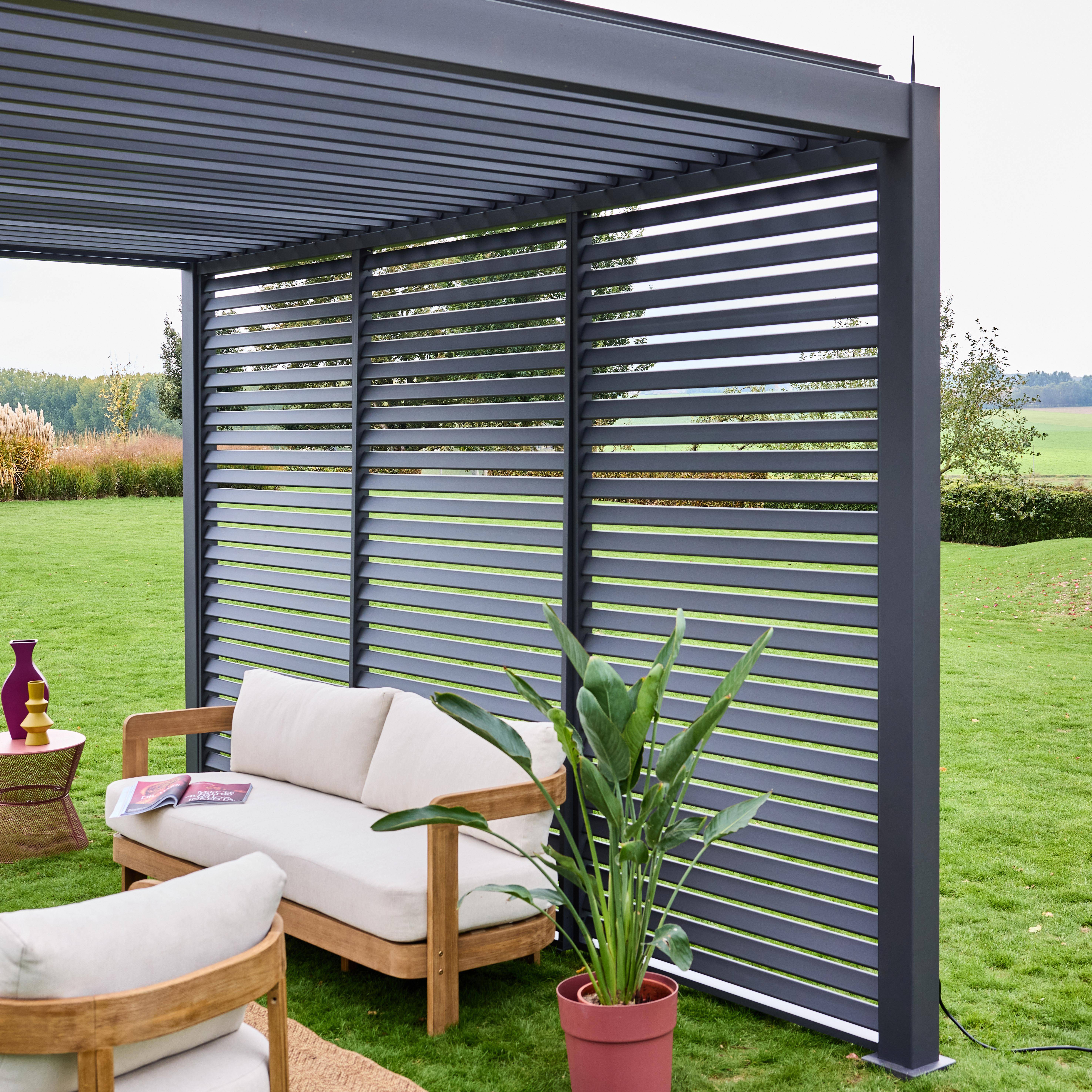Triomphe 3x4m + accesorios - Pérgola bioclimática de aluminio 3x4m + 3 persianas de 130cm