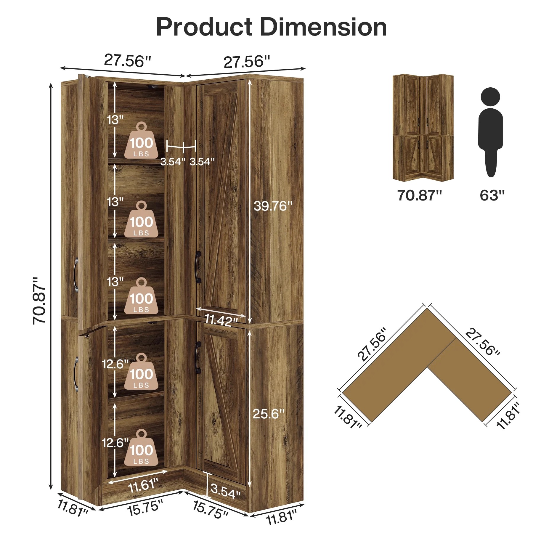 Tribesigns 70.8" Tall Corner Cabinet, Farmhouse Storage Cabinet with 4 Doors & 5 Storage Shelves - Image 2